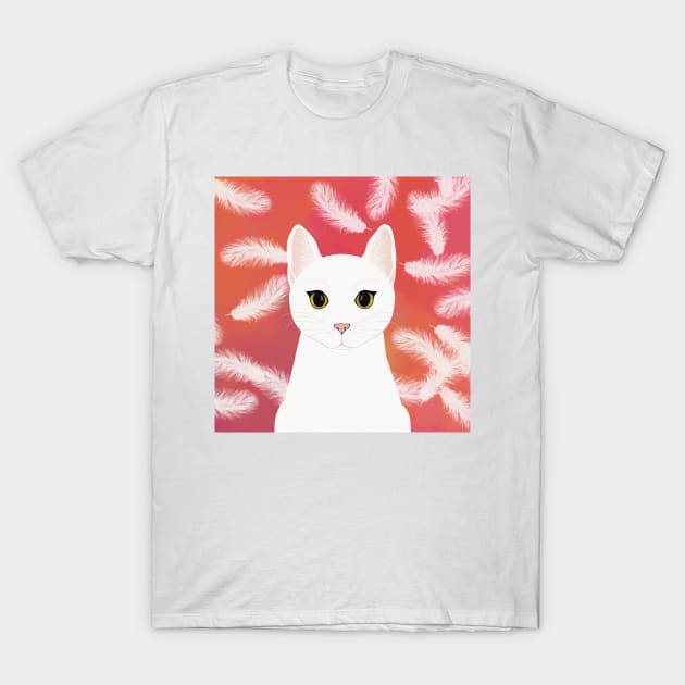 The cute white cat queen is watching you , white feathers on the colorful  background T-Shirt by marina63